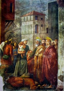 Masaccio: Cappella Brancacci - la distribuzione dei beni
